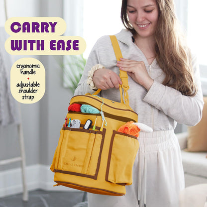 Crochet Bag Organizer – Durable Knitting Bag, Yarn Organizer for Accessories and Supplies, Canvas Yarn Holder, Crochet Carrying Case with Accessories Pouch, Storage Organizer –Mustard