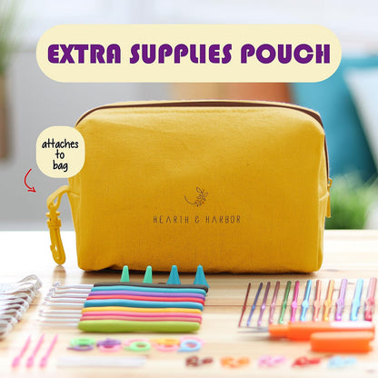 Crochet Bag Organizer – Durable Knitting Bag, Yarn Organizer for Accessories and Supplies, Canvas Yarn Holder, Crochet Carrying Case with Accessories Pouch, Storage Organizer –Mustard
