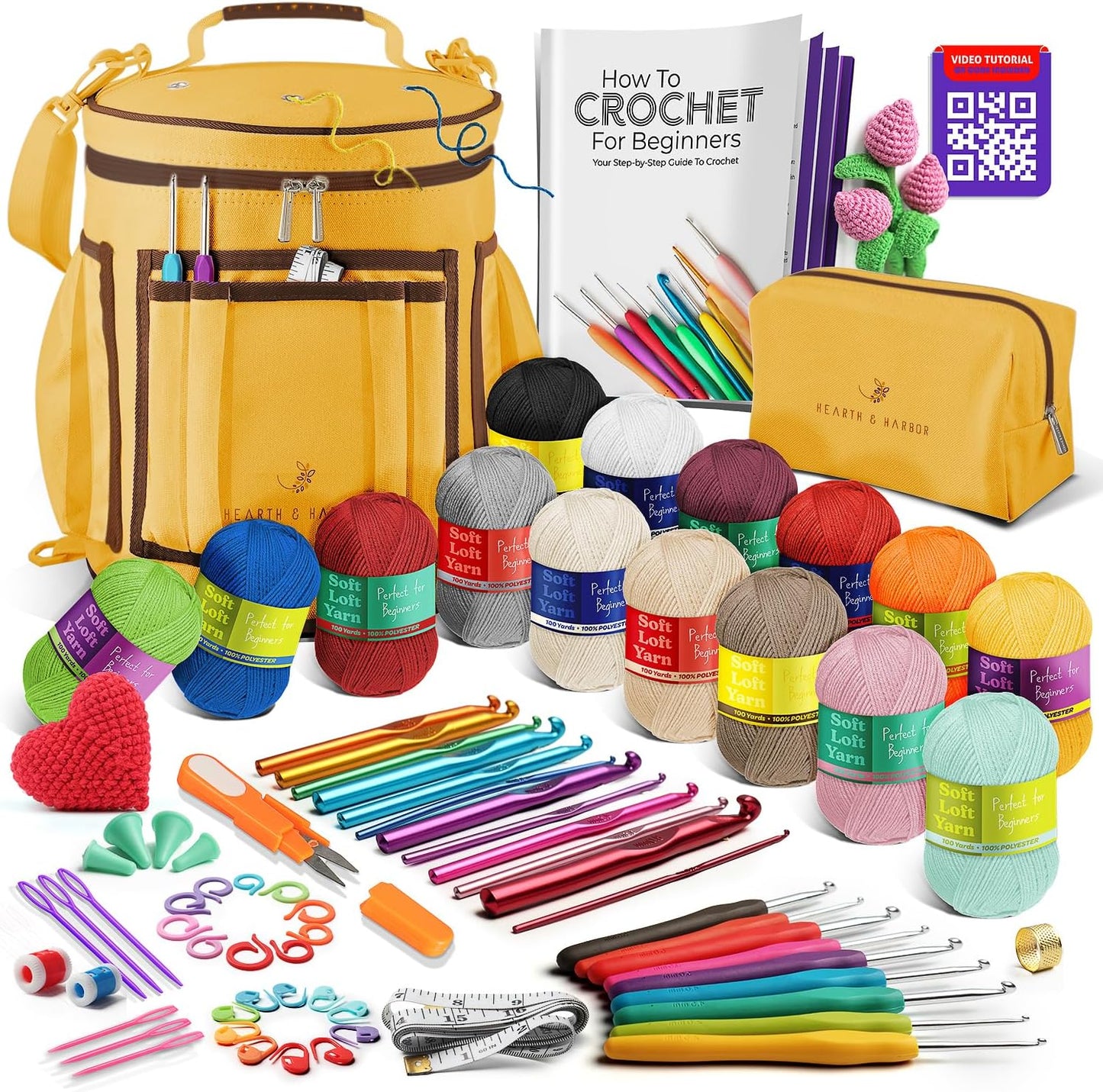 Crochet Bag Organizer – Durable Knitting Bag, Yarn Organizer for Accessories and Supplies, Canvas Yarn Holder, Crochet Carrying Case with Accessories Pouch, Storage Organizer –Mustard