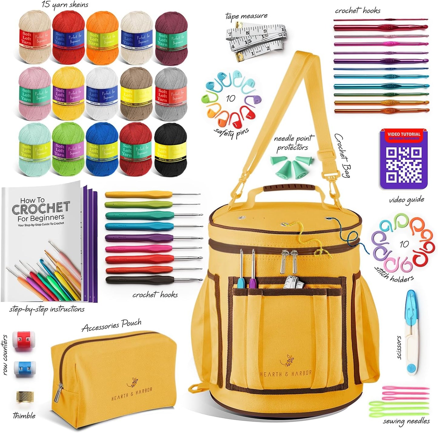 Crochet Bag Organizer – Durable Knitting Bag, Yarn Organizer for Accessories and Supplies, Canvas Yarn Holder, Crochet Carrying Case with Accessories Pouch, Storage Organizer –Mustard