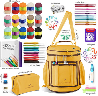 Crochet Bag Organizer – Durable Knitting Bag, Yarn Organizer for Accessories and Supplies, Canvas Yarn Holder, Crochet Carrying Case with Accessories Pouch, Storage Organizer –Mustard