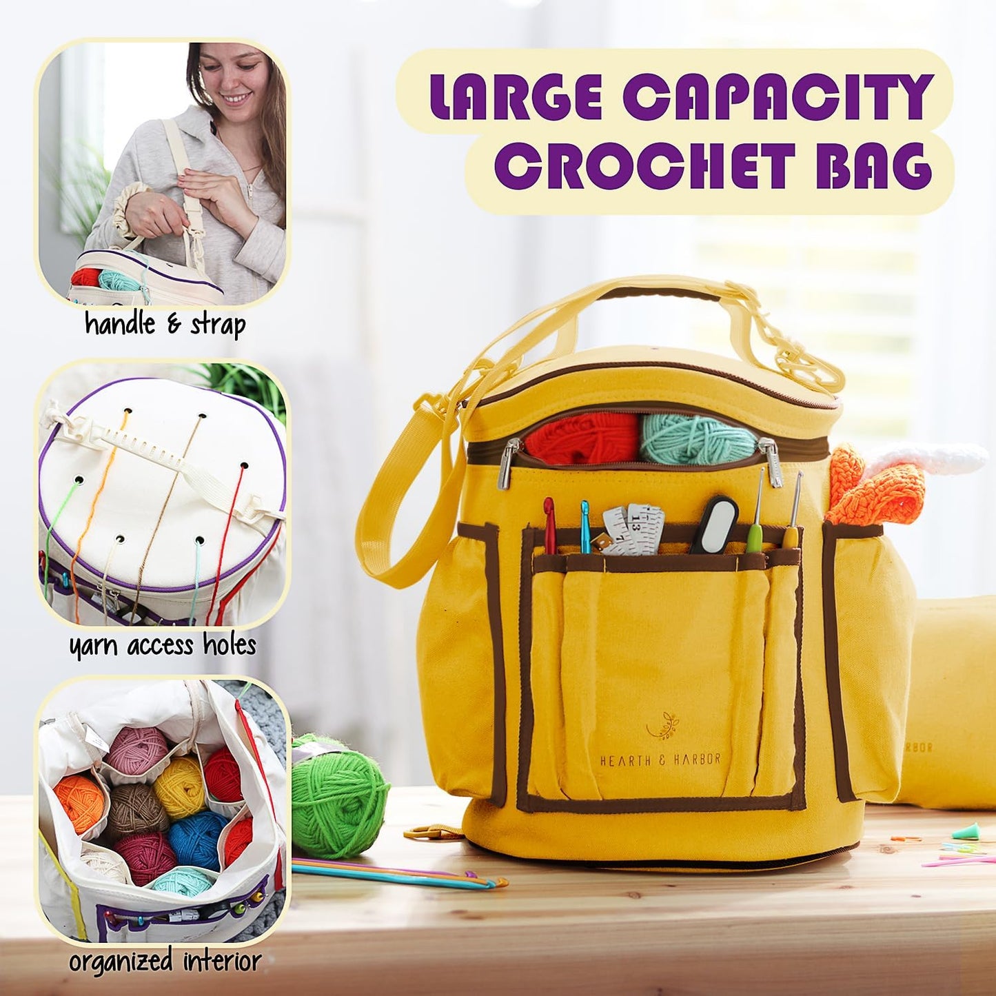 Crochet Bag Organizer – Durable Knitting Bag, Yarn Organizer for Accessories and Supplies, Canvas Yarn Holder, Crochet Carrying Case with Accessories Pouch, Storage Organizer –Mustard