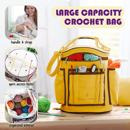 Crochet Bag Organizer – Durable Knitting Bag, Yarn Organizer for Accessories and Supplies, Canvas Yarn Holder, Crochet Carrying Case with Accessories Pouch, Storage Organizer –Mustard