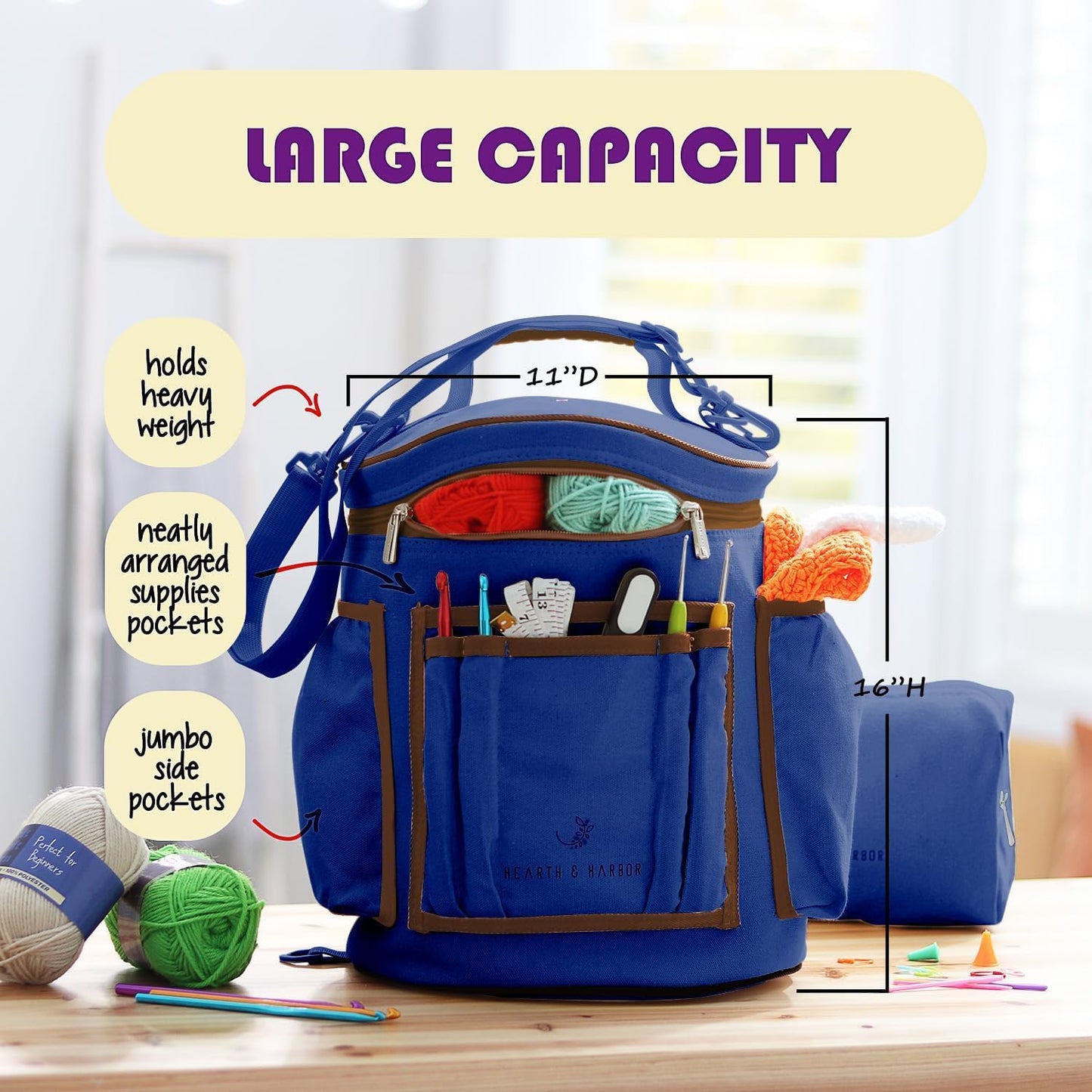Crochet Bag Organizer – Durable Knitting Bag, Yarn Organizer for Accessories and Supplies, Canvas Yarn Holder, Crochet Carrying Case with Accessories Pouch, Storage Organizer –Mustard