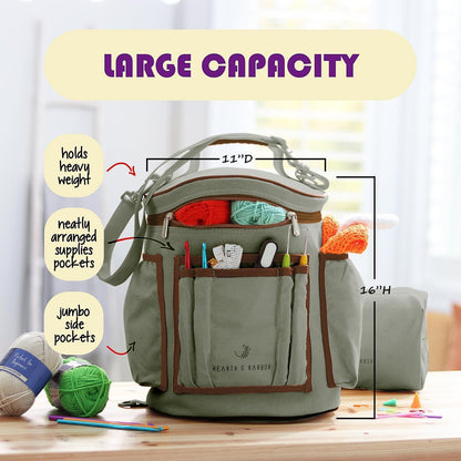 Crochet Bag Organizer – Durable Knitting Bag, Yarn Organizer for Accessories and Supplies, Canvas Yarn Holder, Crochet Carrying Case with Accessories Pouch, Storage Organizer –Mustard