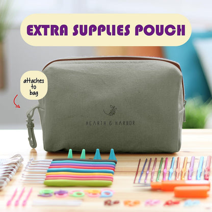 Crochet Bag Organizer – Durable Knitting Bag, Yarn Organizer for Accessories and Supplies, Canvas Yarn Holder, Crochet Carrying Case with Accessories Pouch, Storage Organizer –Mustard