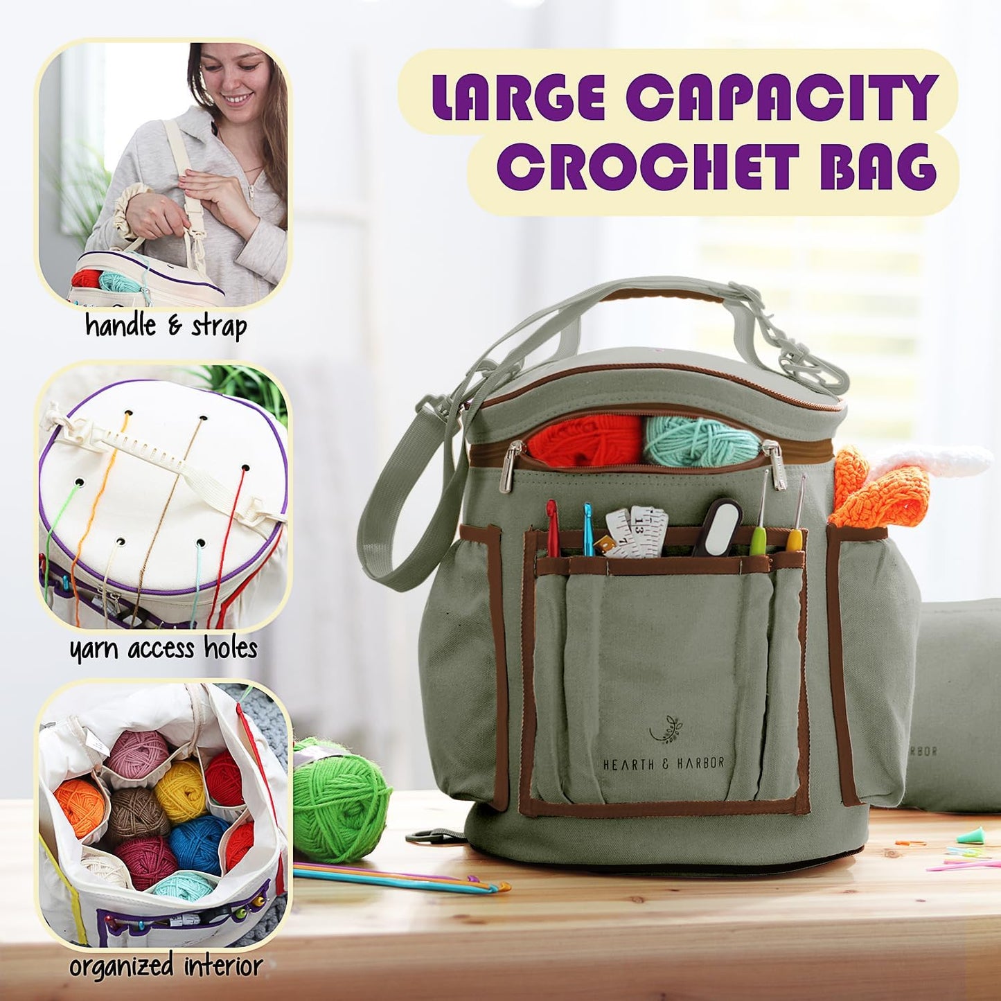 Crochet Bag Organizer – Durable Knitting Bag, Yarn Organizer for Accessories and Supplies, Canvas Yarn Holder, Crochet Carrying Case with Accessories Pouch, Storage Organizer –Mustard