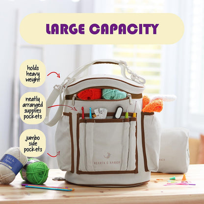Crochet Bag Organizer – Durable Knitting Bag, Yarn Organizer for Accessories and Supplies, Canvas Yarn Holder, Crochet Carrying Case with Accessories Pouch, Storage Organizer –Mustard