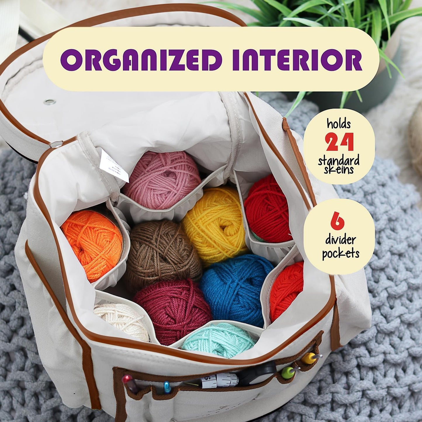 Crochet Bag Organizer – Durable Knitting Bag, Yarn Organizer for Accessories and Supplies, Canvas Yarn Holder, Crochet Carrying Case with Accessories Pouch, Storage Organizer –Mustard