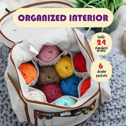 Crochet Bag Organizer – Durable Knitting Bag, Yarn Organizer for Accessories and Supplies, Canvas Yarn Holder, Crochet Carrying Case with Accessories Pouch, Storage Organizer –Mustard