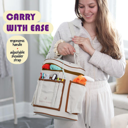 Crochet Bag Organizer – Durable Knitting Bag, Yarn Organizer for Accessories and Supplies, Canvas Yarn Holder, Crochet Carrying Case with Accessories Pouch, Storage Organizer –Mustard