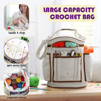 Crochet Bag Organizer – Durable Knitting Bag, Yarn Organizer for Accessories and Supplies, Canvas Yarn Holder, Crochet Carrying Case with Accessories Pouch, Storage Organizer –Mustard