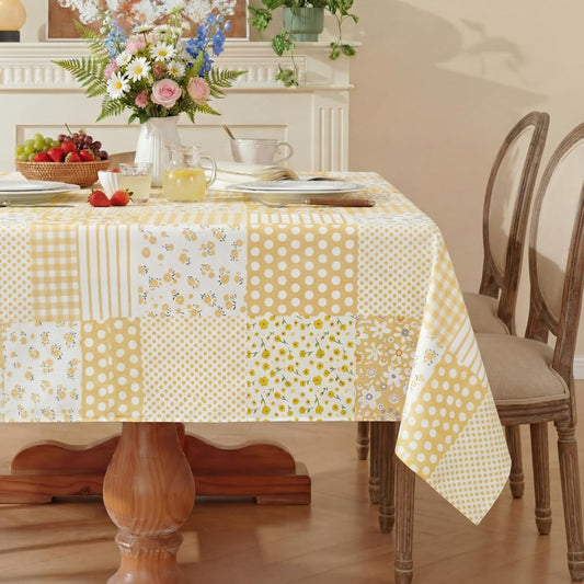 Floral Yellow Gingham Tablecloth Vintage Patchwork Tablecover Rectangle 60x84 Inch Rustic Yellow Striped Table Cloth Plaid Quilted Tablecloths for Kitchen Dining Summer Picnic Party Decor