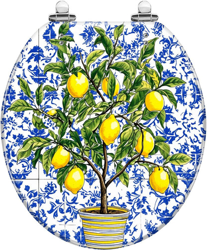 Lemon Tree Yellow Lemon Round Toilet Seat with Decorative Printed Lid | hardware sets included; measure first.