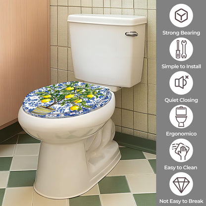 Lemon Tree Yellow Lemon Round Toilet Seat with Decorative Printed Lid | hardware sets included; measure first.