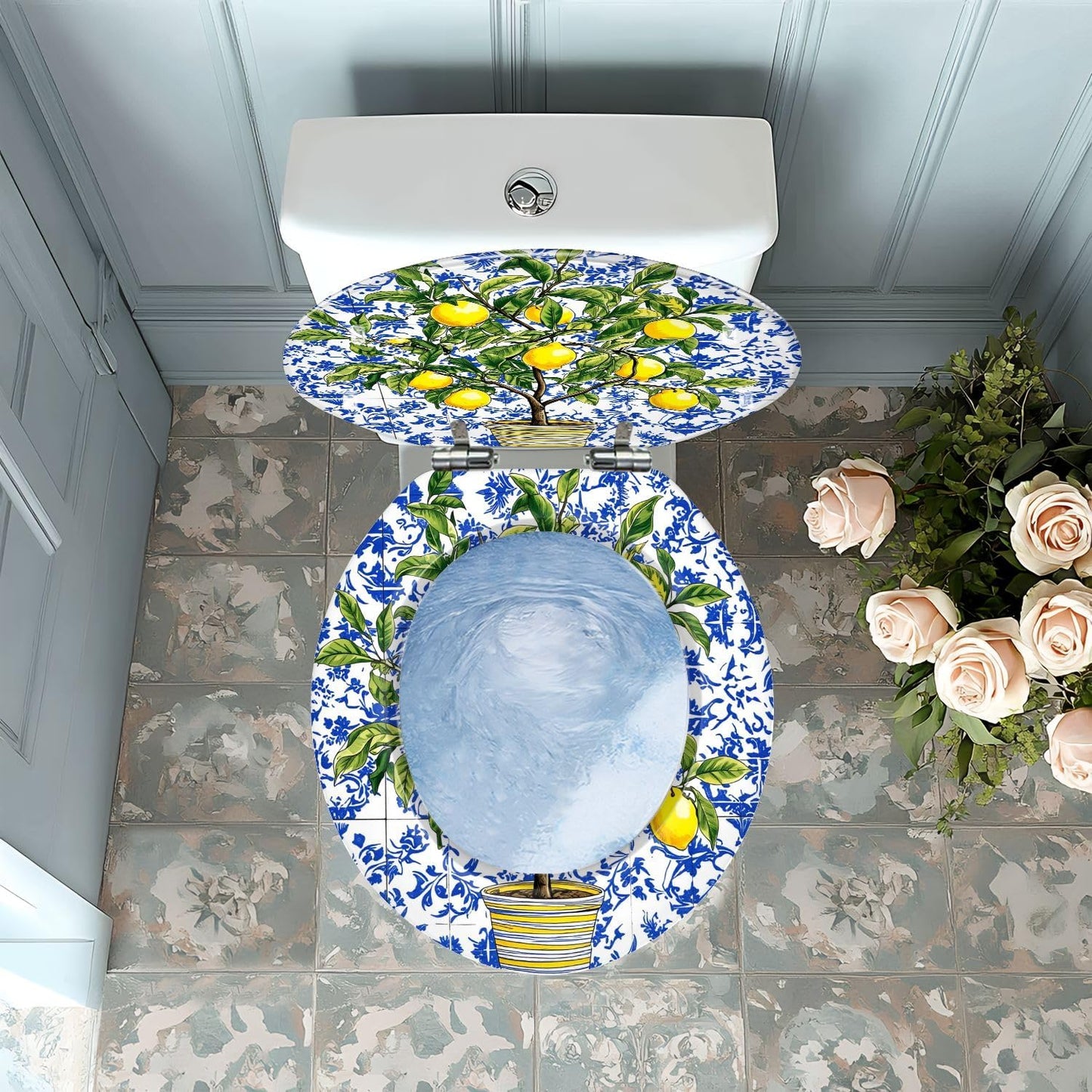 Lemon Tree Yellow Lemon Round Toilet Seat with Decorative Printed Lid | hardware sets included; measure first.