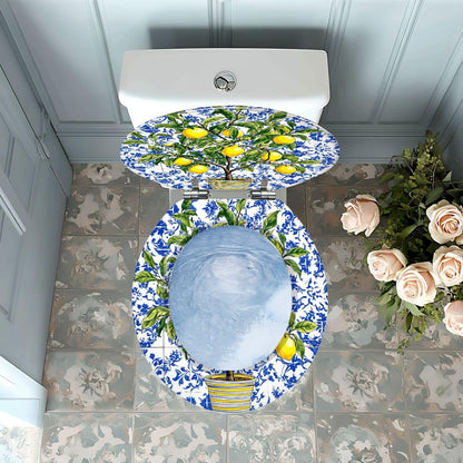 Lemon Tree Yellow Lemon Round Toilet Seat with Decorative Printed Lid | hardware sets included; measure first.