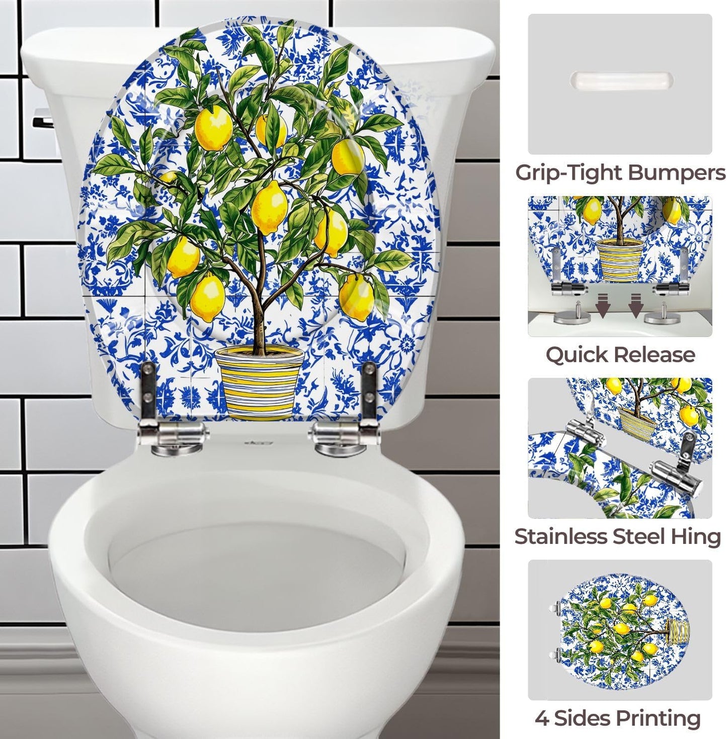 Lemon Tree Yellow Lemon Round Toilet Seat with Decorative Printed Lid | hardware sets included; measure first.
