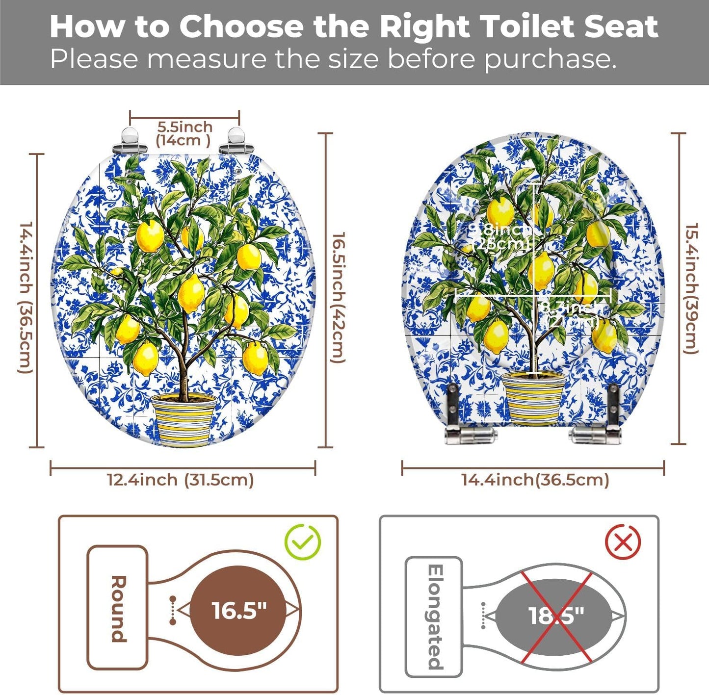 Lemon Tree Yellow Lemon Round Toilet Seat with Decorative Printed Lid | hardware sets included; measure first.