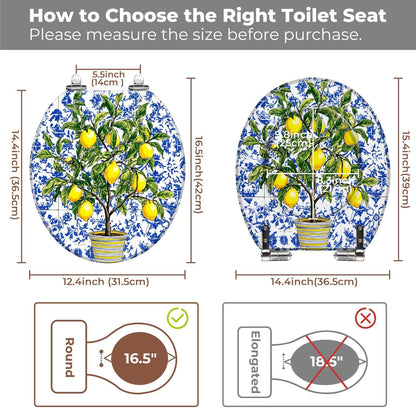Lemon Tree Yellow Lemon Round Toilet Seat with Decorative Printed Lid | hardware sets included; measure first.
