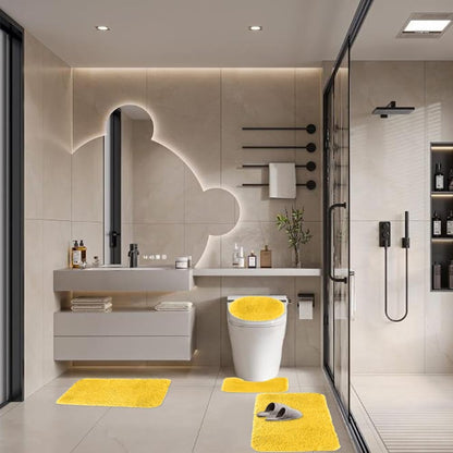 4 Piece Non Slip, Toilet Lid Cover and Contour Mat, Bath Mats Shower Mats Bath Rug Mat for Tub Toilet Bathroom (Yellow)