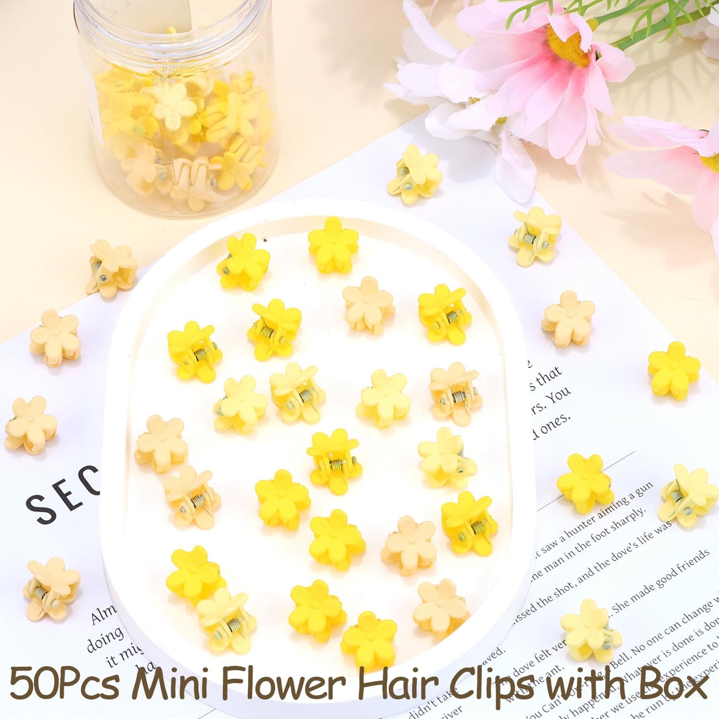 Mini Flower Hair Clips Small 50Pcs Cute Tiny Claw Clips for Bangs Thin Fine Hair Barrettes Decorative Floral Hair Accessories for Women Girls Teens (Yellow)