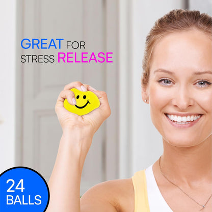 24 Pack Stress Balls for Kids and Adults - 2" Stress Ball in Bulk - Neon Yellow Squishy Balls with Smiley Faces - Fun Party Favors for Classroom, Goodie Bags, and Fidget Toys for Kids