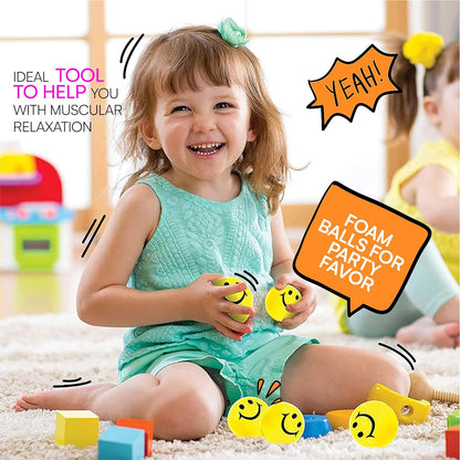 24 Pack Stress Balls for Kids and Adults - 2" Stress Ball in Bulk - Neon Yellow Squishy Balls with Smiley Faces - Fun Party Favors for Classroom, Goodie Bags, and Fidget Toys for Kids
