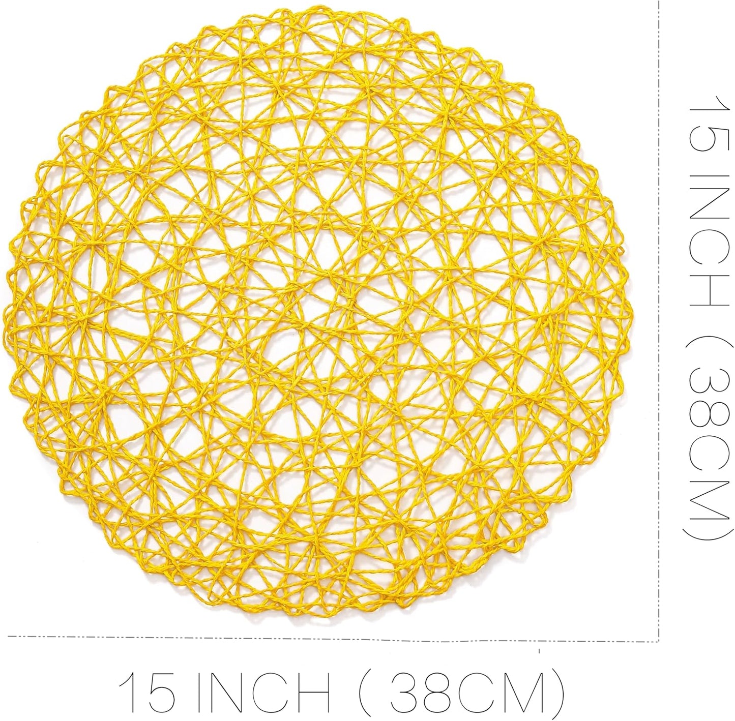 Yellow Round Placemats Set of 12 for Dining Table, 13 Inches Paper Woven Boho Small Decorative Circle Place Mat for Wedding Christmas Thanksgiving Day Holiday Dinner, Yellow
