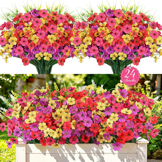24PCS Fake Flowers Outdoor, UV Resistant Artificial Silk Flowers | Realistic Faux Flowers for Hanging Baskets, Window Boxes & Planters, Porch, Yard, Cemetery, Spring Outdoor Home Decor