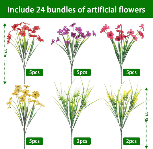 24PCS Fake Flowers Outdoor, UV Resistant Artificial Silk Flowers | Realistic Faux Flowers for Hanging Baskets, Window Boxes & Planters, Porch, Yard, Cemetery, Spring Outdoor Home Decor