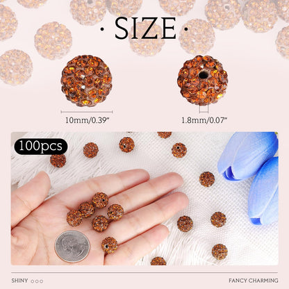 100 pcs 10mm Rhinestone Beads for Jewelry Making, Yellow Shiny Round Shamballa Disco Beads Bulk, Sparkle Crystal Clay Christmas for Bracelet Baseball Necklace Earring Crafting and DIY