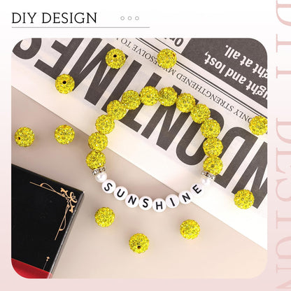 100 pcs 10mm Rhinestone Beads for Jewelry Making, Yellow Shiny Round Shamballa Disco Beads Bulk, Sparkle Crystal Clay Christmas for Bracelet Baseball Necklace Earring Crafting and DIY