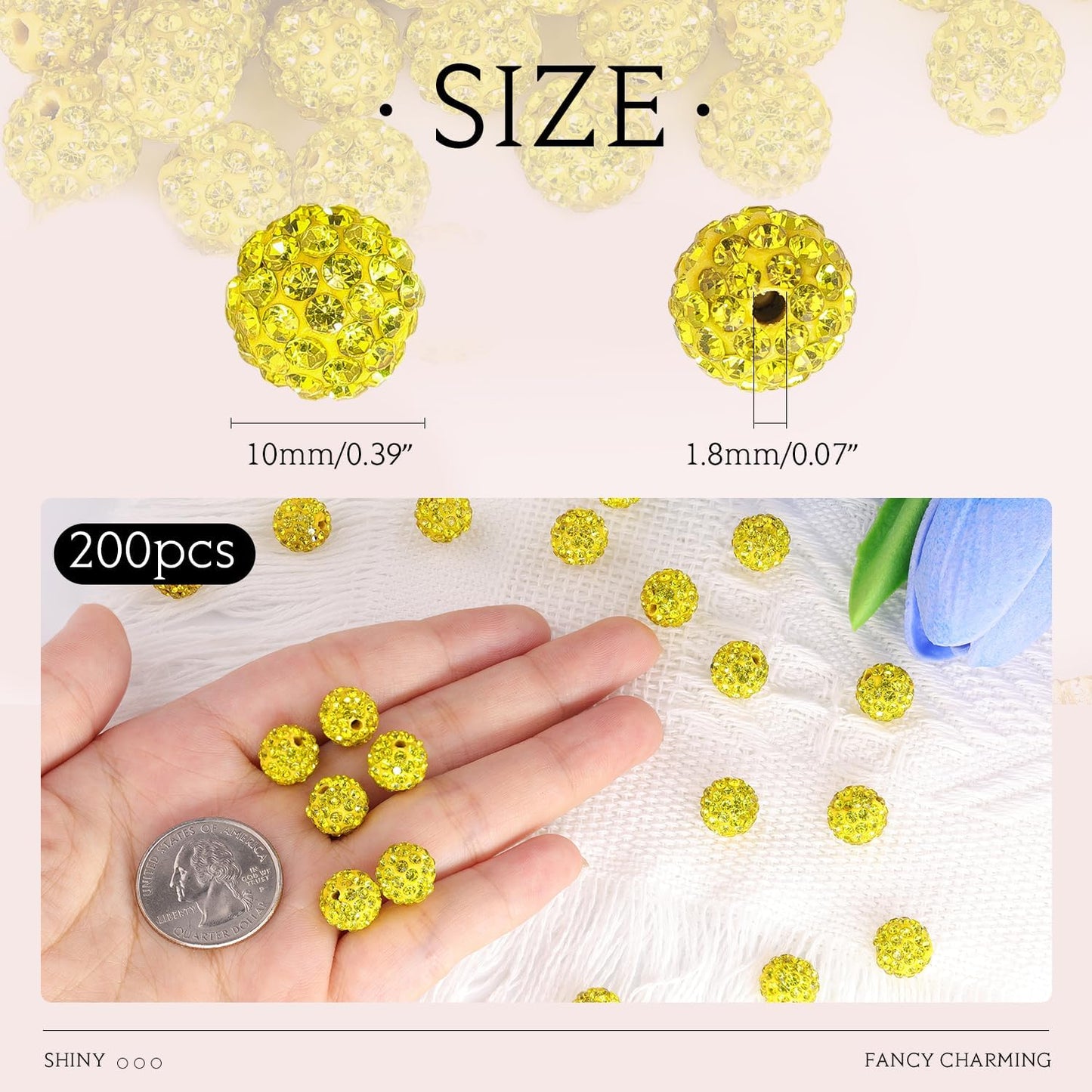 100 pcs 10mm Rhinestone Beads for Jewelry Making, Yellow Shiny Round Shamballa Disco Beads Bulk, Sparkle Crystal Clay Christmas for Bracelet Baseball Necklace Earring Crafting and DIY