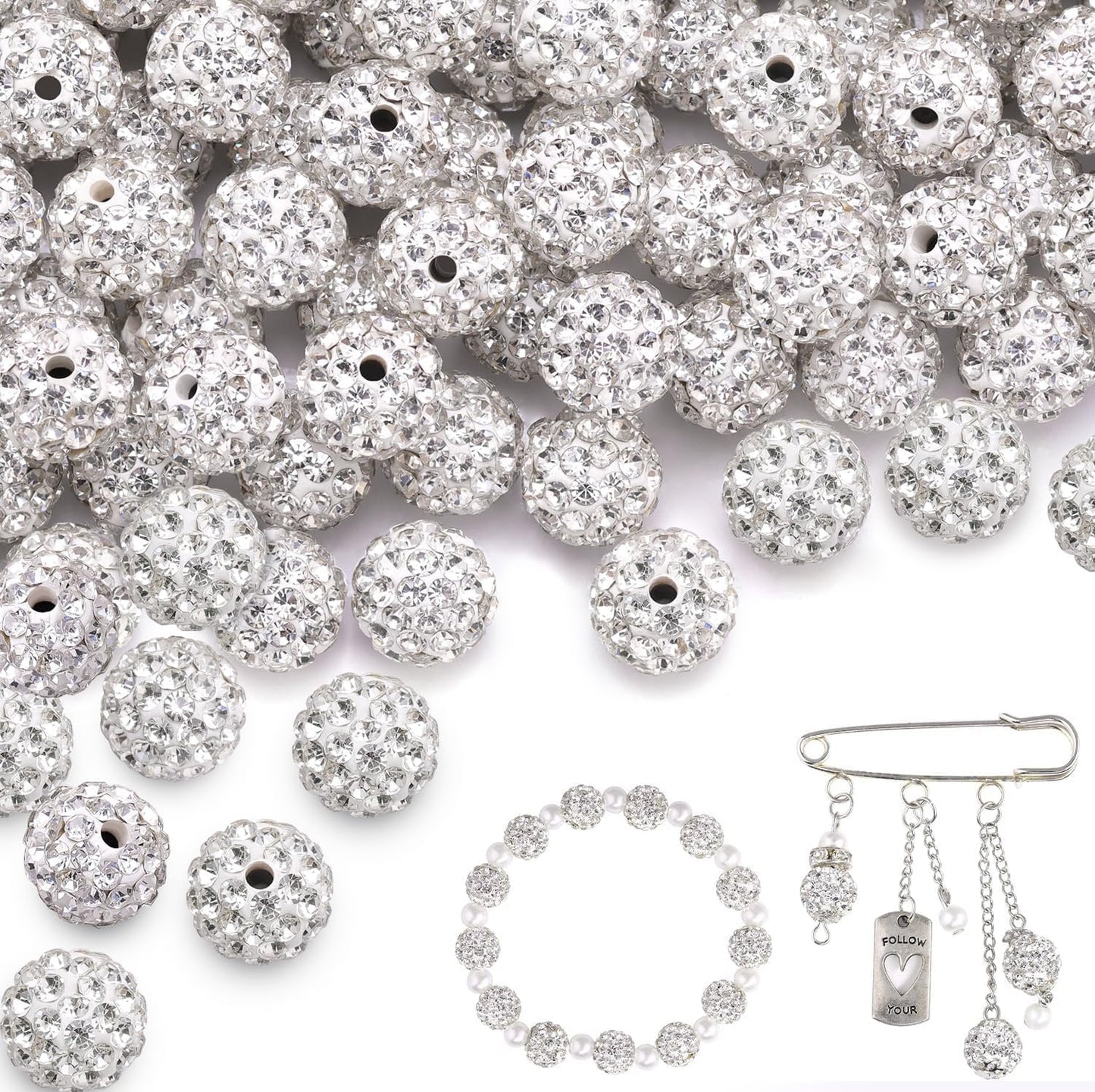 100 pcs 10mm Rhinestone Beads for Jewelry Making, Yellow Shiny Round Shamballa Disco Beads Bulk, Sparkle Crystal Clay Christmas for Bracelet Baseball Necklace Earring Crafting and DIY