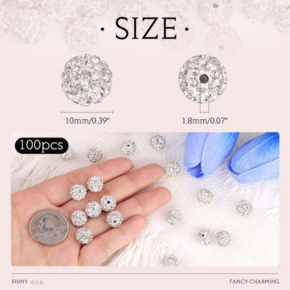 100 pcs 10mm Rhinestone Beads for Jewelry Making, Yellow Shiny Round Shamballa Disco Beads Bulk, Sparkle Crystal Clay Christmas for Bracelet Baseball Necklace Earring Crafting and DIY