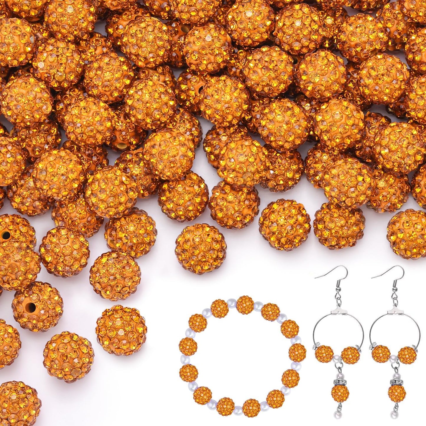 100 pcs 10mm Rhinestone Beads for Jewelry Making, Yellow Shiny Round Shamballa Disco Beads Bulk, Sparkle Crystal Clay Christmas for Bracelet Baseball Necklace Earring Crafting and DIY