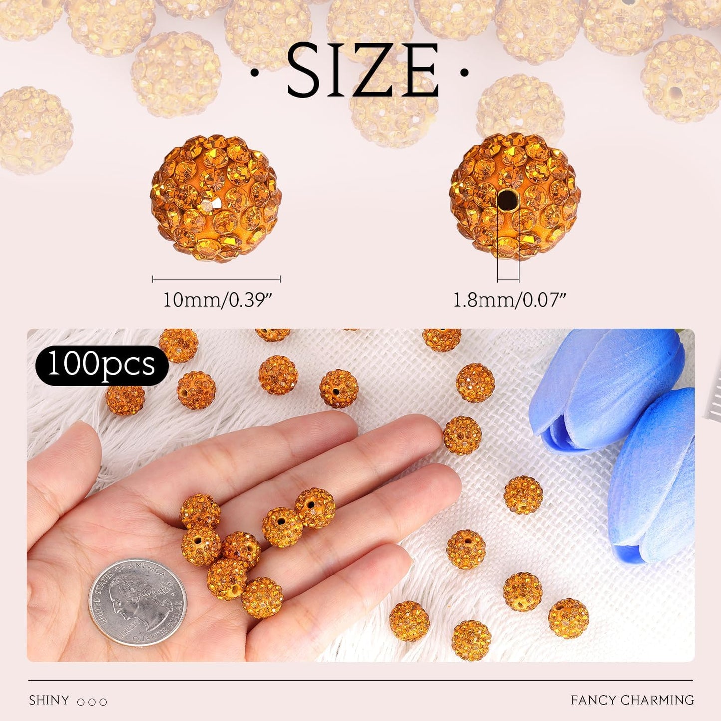 100 pcs 10mm Rhinestone Beads for Jewelry Making, Yellow Shiny Round Shamballa Disco Beads Bulk, Sparkle Crystal Clay Christmas for Bracelet Baseball Necklace Earring Crafting and DIY