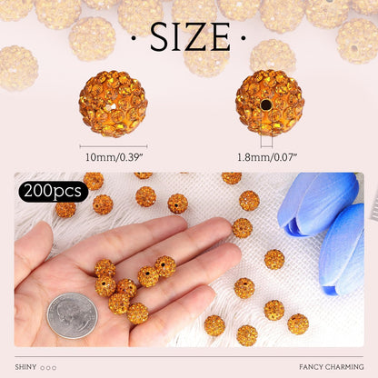 100 pcs 10mm Rhinestone Beads for Jewelry Making, Yellow Shiny Round Shamballa Disco Beads Bulk, Sparkle Crystal Clay Christmas for Bracelet Baseball Necklace Earring Crafting and DIY