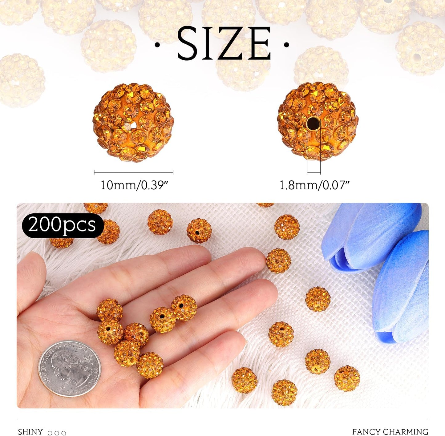 100 pcs 10mm Rhinestone Beads for Jewelry Making, Yellow Shiny Round Shamballa Disco Beads Bulk, Sparkle Crystal Clay Christmas for Bracelet Baseball Necklace Earring Crafting and DIY