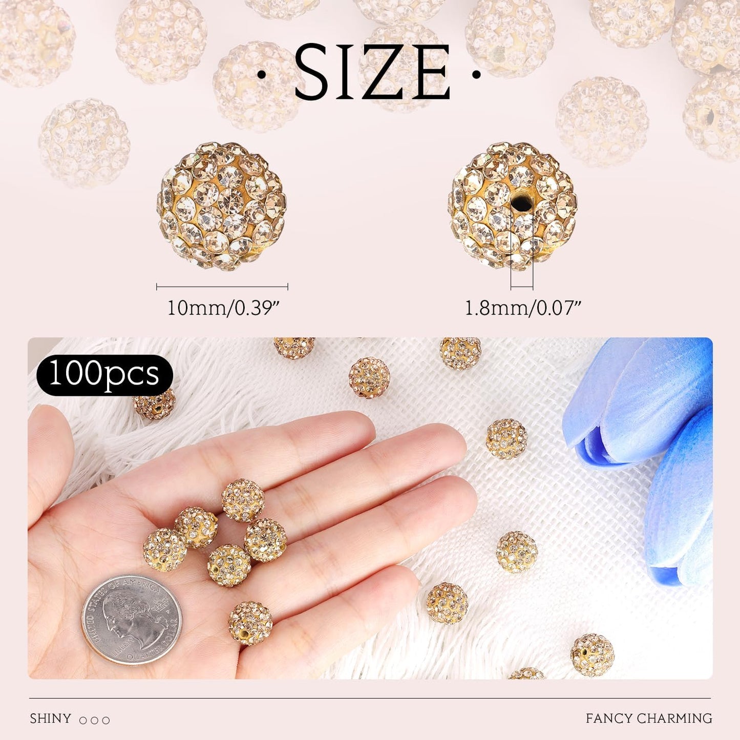 100 pcs 10mm Rhinestone Beads for Jewelry Making, Yellow Shiny Round Shamballa Disco Beads Bulk, Sparkle Crystal Clay Christmas for Bracelet Baseball Necklace Earring Crafting and DIY