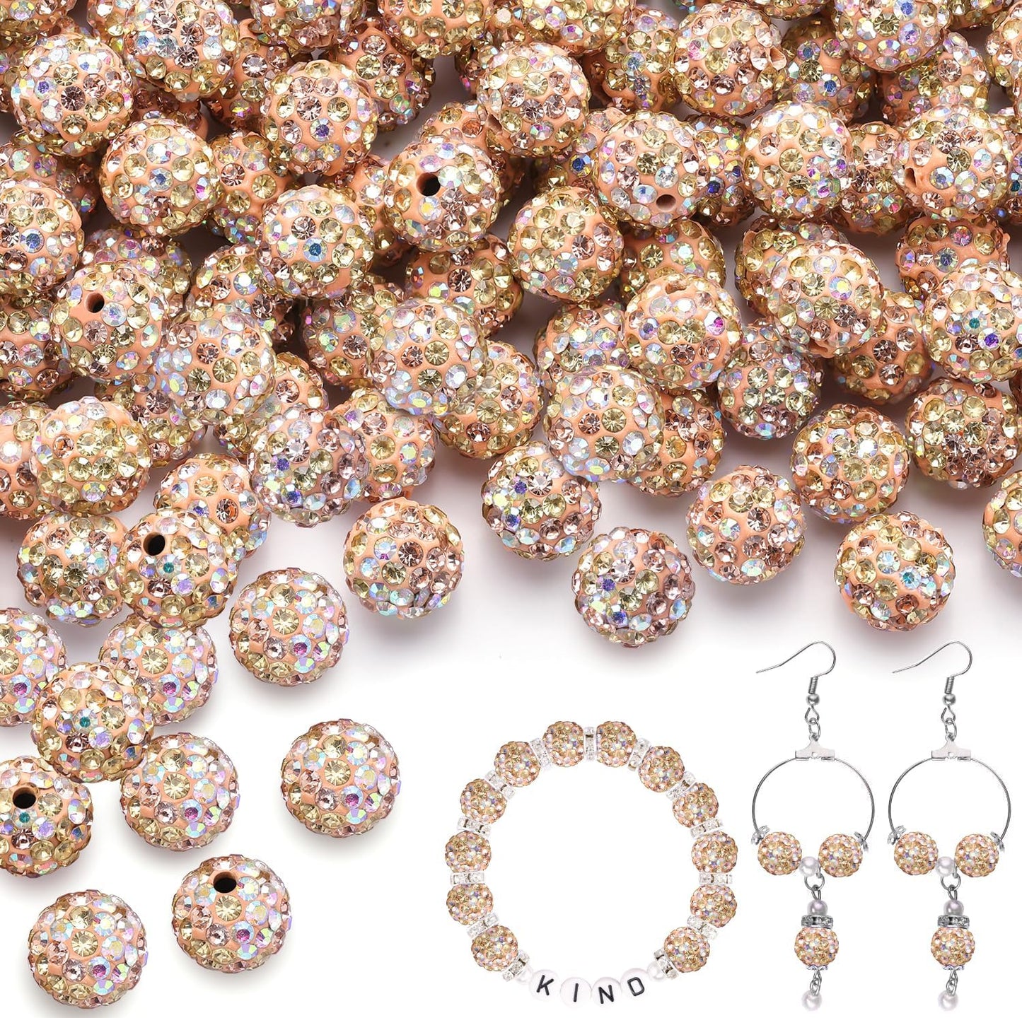 100 pcs 10mm Rhinestone Beads for Jewelry Making, Yellow Shiny Round Shamballa Disco Beads Bulk, Sparkle Crystal Clay Christmas for Bracelet Baseball Necklace Earring Crafting and DIY