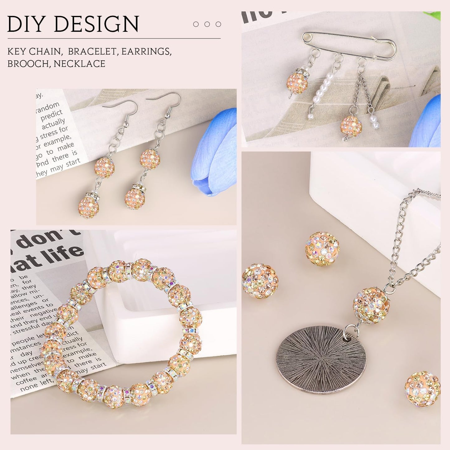 100 pcs 10mm Rhinestone Beads for Jewelry Making, Yellow Shiny Round Shamballa Disco Beads Bulk, Sparkle Crystal Clay Christmas for Bracelet Baseball Necklace Earring Crafting and DIY