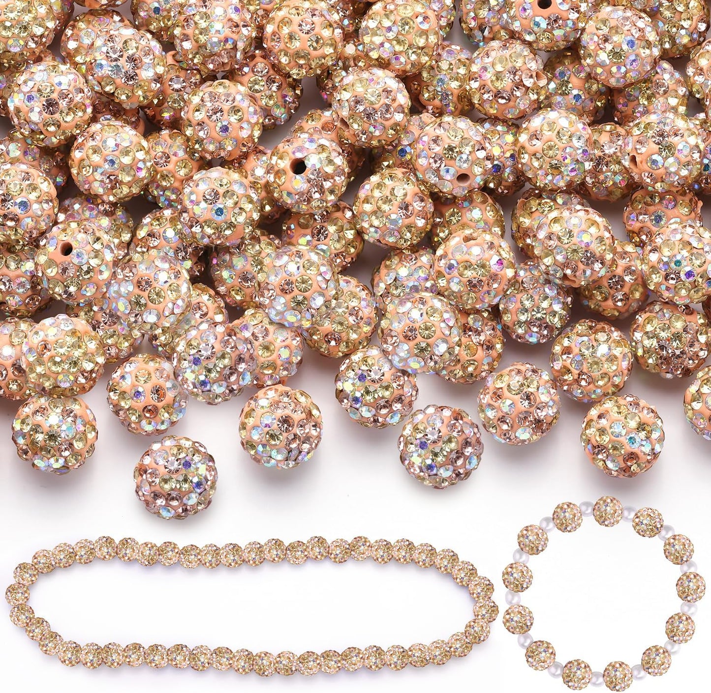 100 pcs 10mm Rhinestone Beads for Jewelry Making, Yellow Shiny Round Shamballa Disco Beads Bulk, Sparkle Crystal Clay Christmas for Bracelet Baseball Necklace Earring Crafting and DIY