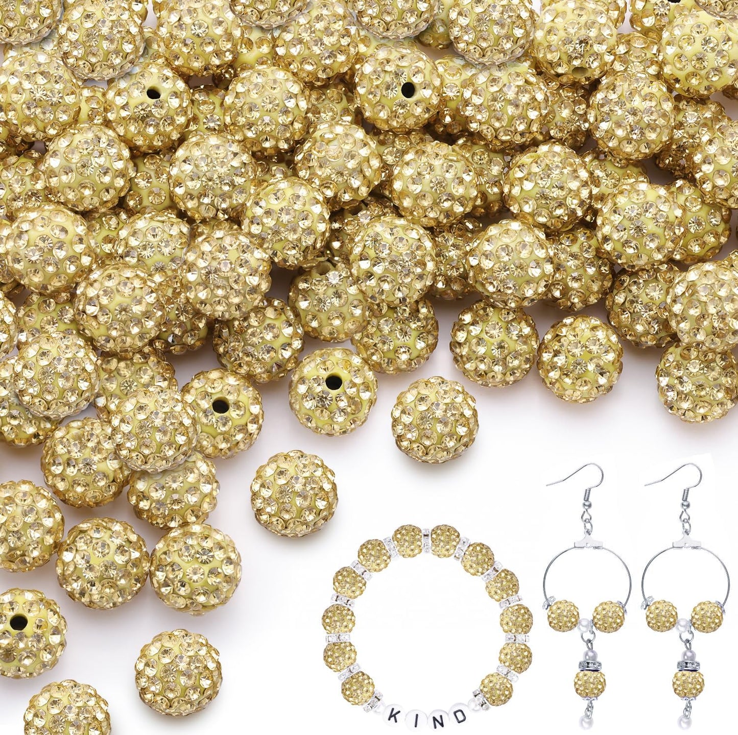 100 pcs 10mm Rhinestone Beads for Jewelry Making, Yellow Shiny Round Shamballa Disco Beads Bulk, Sparkle Crystal Clay Christmas for Bracelet Baseball Necklace Earring Crafting and DIY