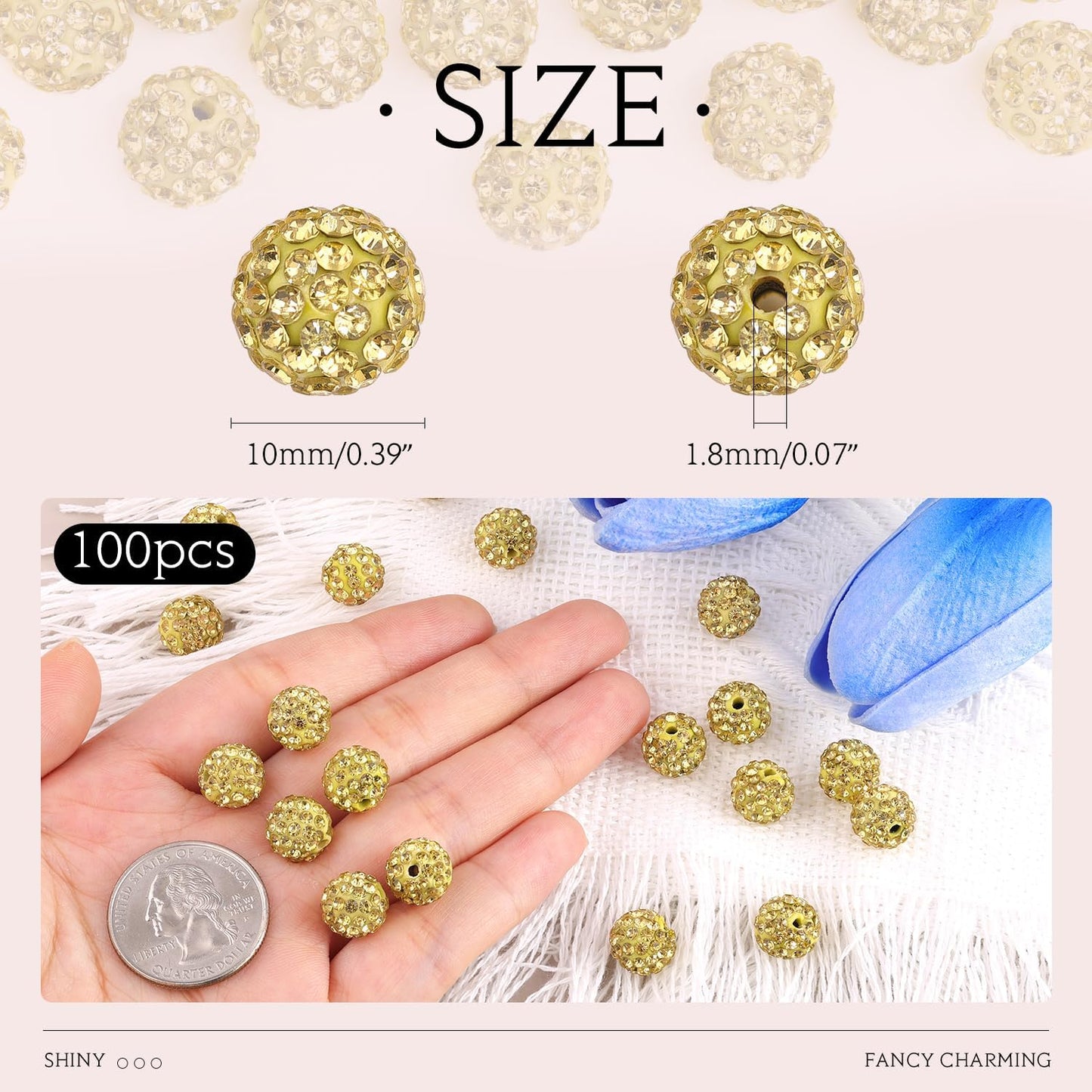 100 pcs 10mm Rhinestone Beads for Jewelry Making, Yellow Shiny Round Shamballa Disco Beads Bulk, Sparkle Crystal Clay Christmas for Bracelet Baseball Necklace Earring Crafting and DIY