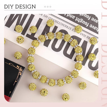 100 pcs 10mm Rhinestone Beads for Jewelry Making, Yellow Shiny Round Shamballa Disco Beads Bulk, Sparkle Crystal Clay Christmas for Bracelet Baseball Necklace Earring Crafting and DIY