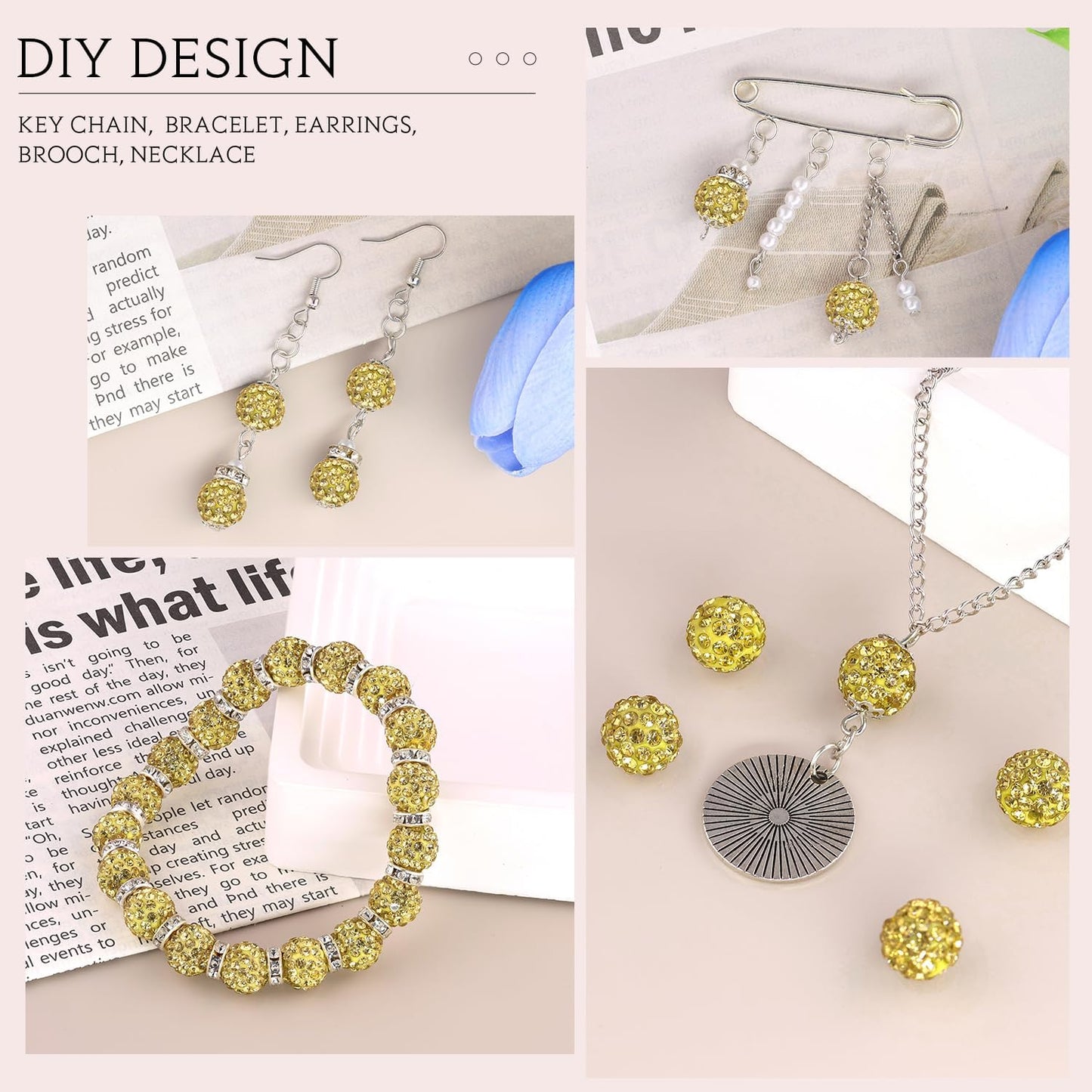 100 pcs 10mm Rhinestone Beads for Jewelry Making, Yellow Shiny Round Shamballa Disco Beads Bulk, Sparkle Crystal Clay Christmas for Bracelet Baseball Necklace Earring Crafting and DIY