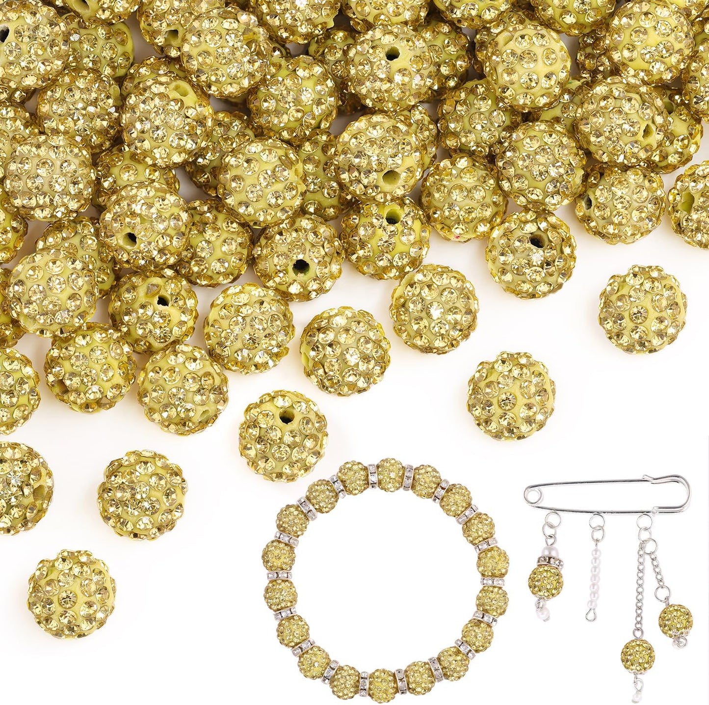 100 pcs 10mm Rhinestone Beads for Jewelry Making, Yellow Shiny Round Shamballa Disco Beads Bulk, Sparkle Crystal Clay Christmas for Bracelet Baseball Necklace Earring Crafting and DIY