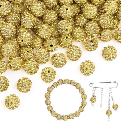 100 pcs 10mm Rhinestone Beads for Jewelry Making, Yellow Shiny Round Shamballa Disco Beads Bulk, Sparkle Crystal Clay Christmas for Bracelet Baseball Necklace Earring Crafting and DIY